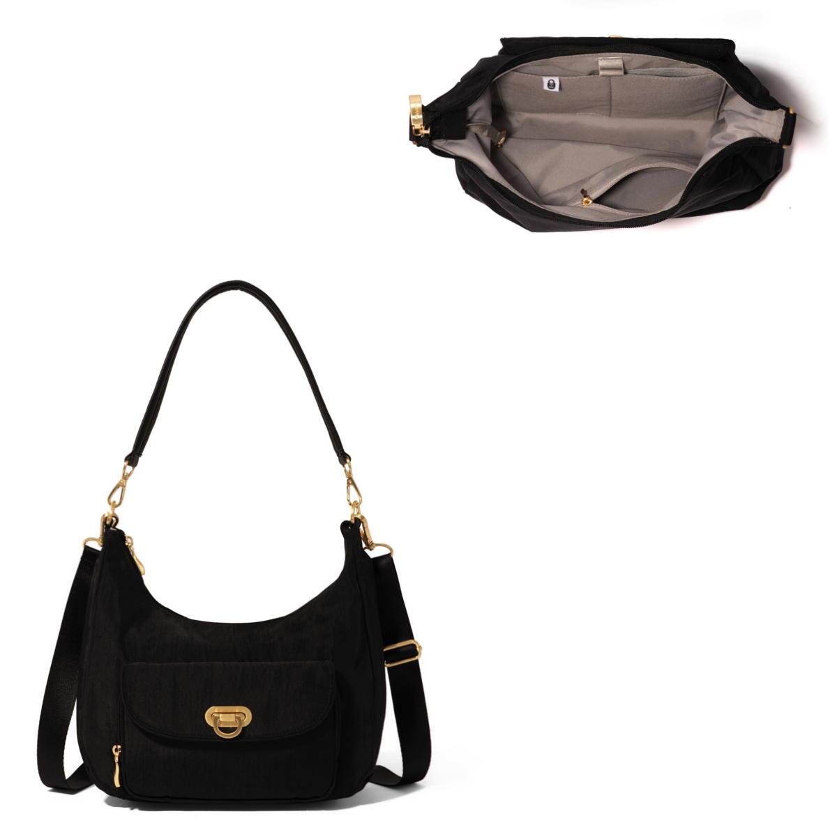 Baggallini Coastal Flip Lock Half Moon Bag - Black W Gold