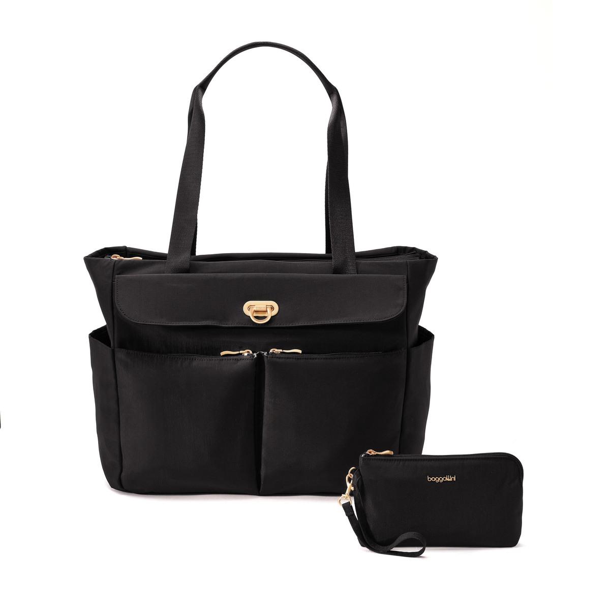 Baggallini Coastal Flip Lock Tote - Black W Gold 